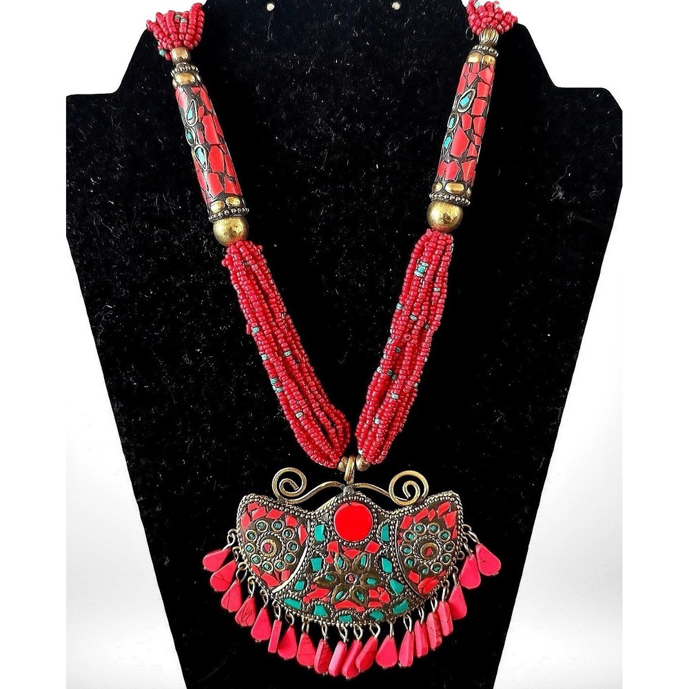 Tibetan Style Red Seed Bead Bib Necklace Turquoise Mosaic Brass Statement Boho